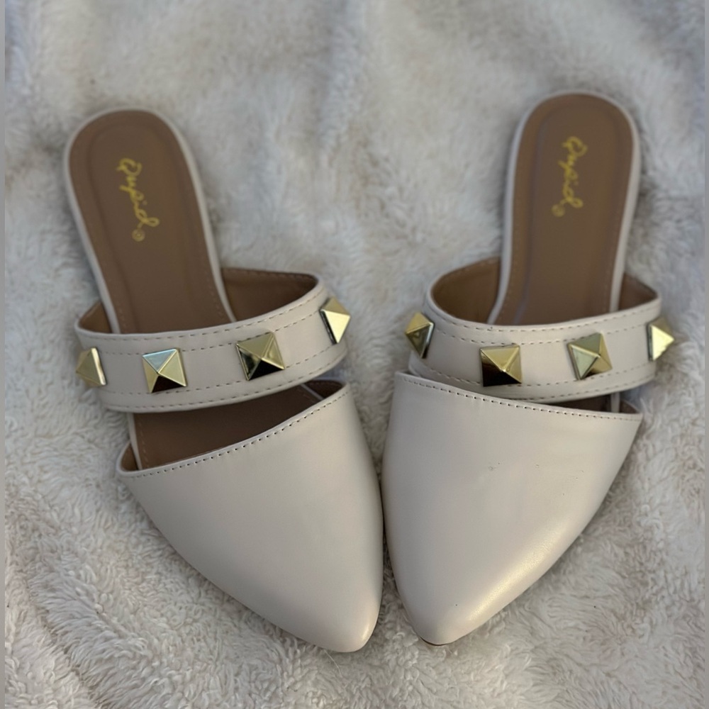 Qupid Cream Mules with Gold Accents